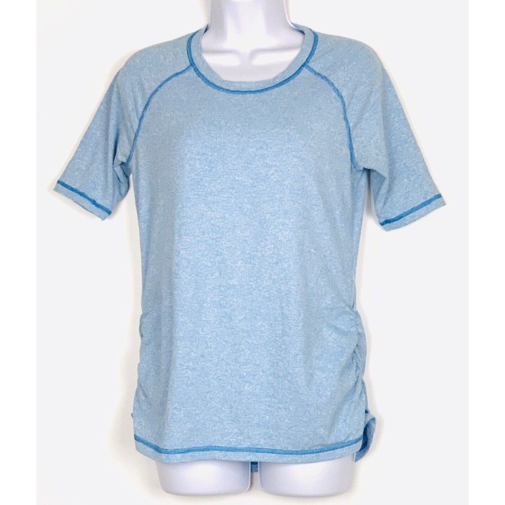 Lucy‎ Tech Womens Size Medium Striped Blue Short Sleeve Athletic Top Reflective